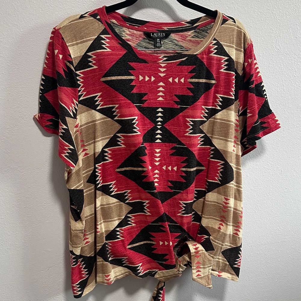 Lauren Ralph Lauren Red and Tan Aztec Short Sleeve Tee